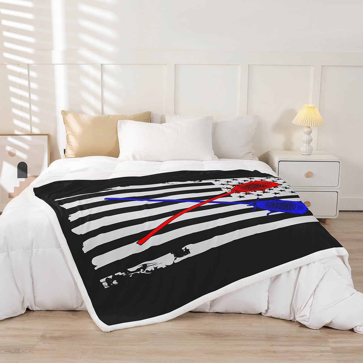 Lacrosse Sherpa Fleece Throw Blanket - American Flag Plush Blanket for Bed, Sofa, Couch - 40"x50" - Sports Games & Hockey Player Decor