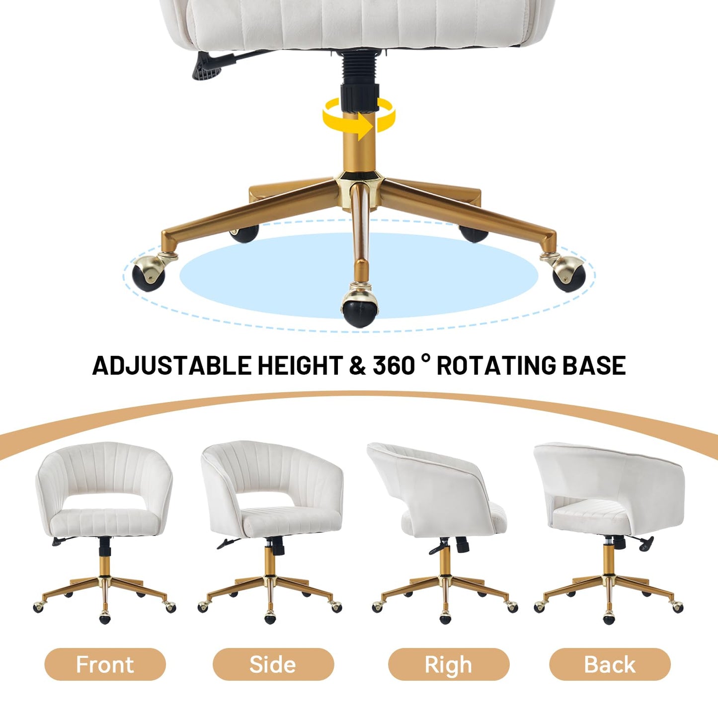 FENFSHE Home Office Desk Chair, Vanity Chair with Back 360 Swivel Armchair and Gold Base, Velvet Criss Cross Chair with Wheels for Vanity Home Office, Living Room, Bedroom and Study (Beige)