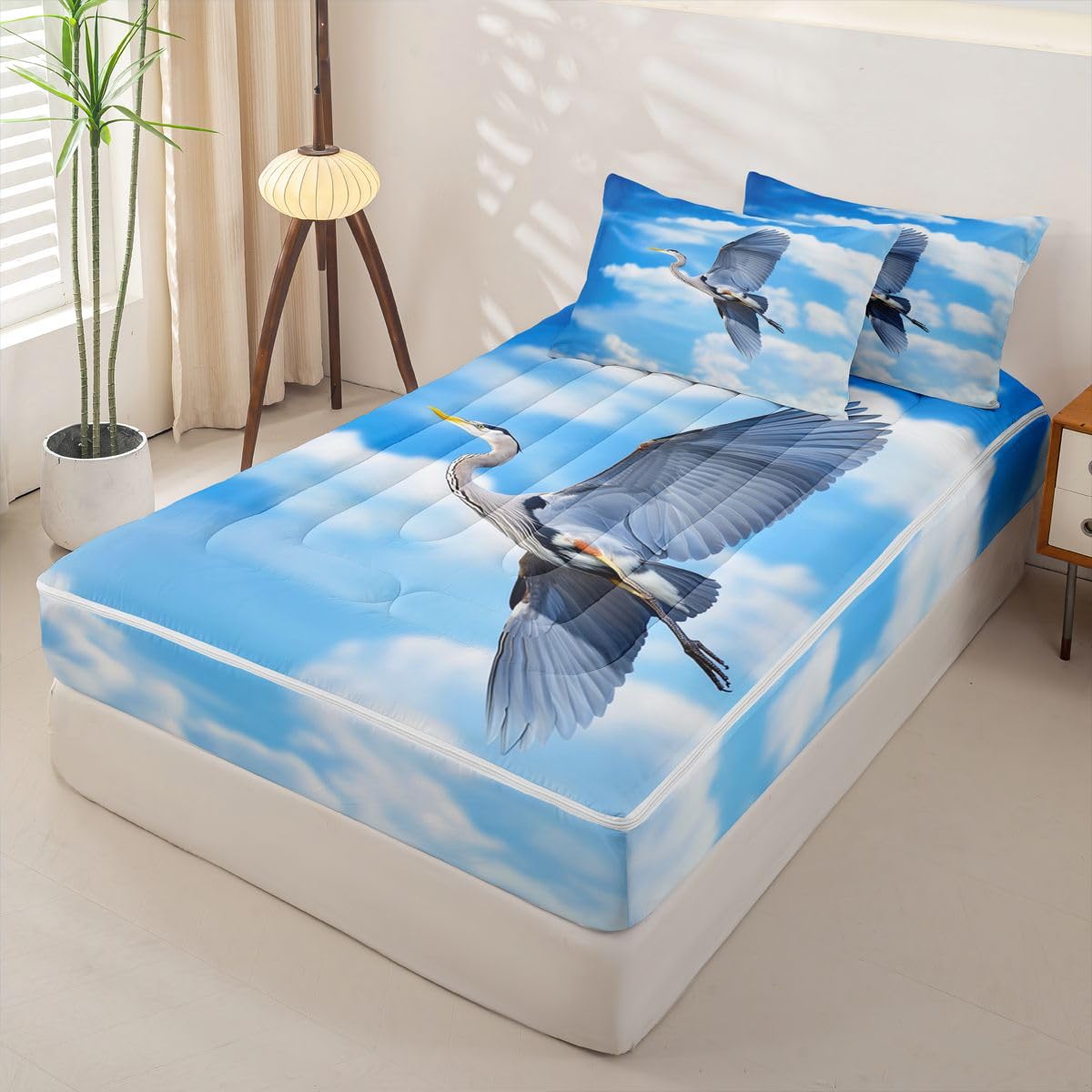 Erosebridal Flying Heron Zippable Comforter Blue Sky Twin Bedding Blue Heron Zipper Bed Set with Sheets White Clouds Bed in a Bag Bedroom Decor