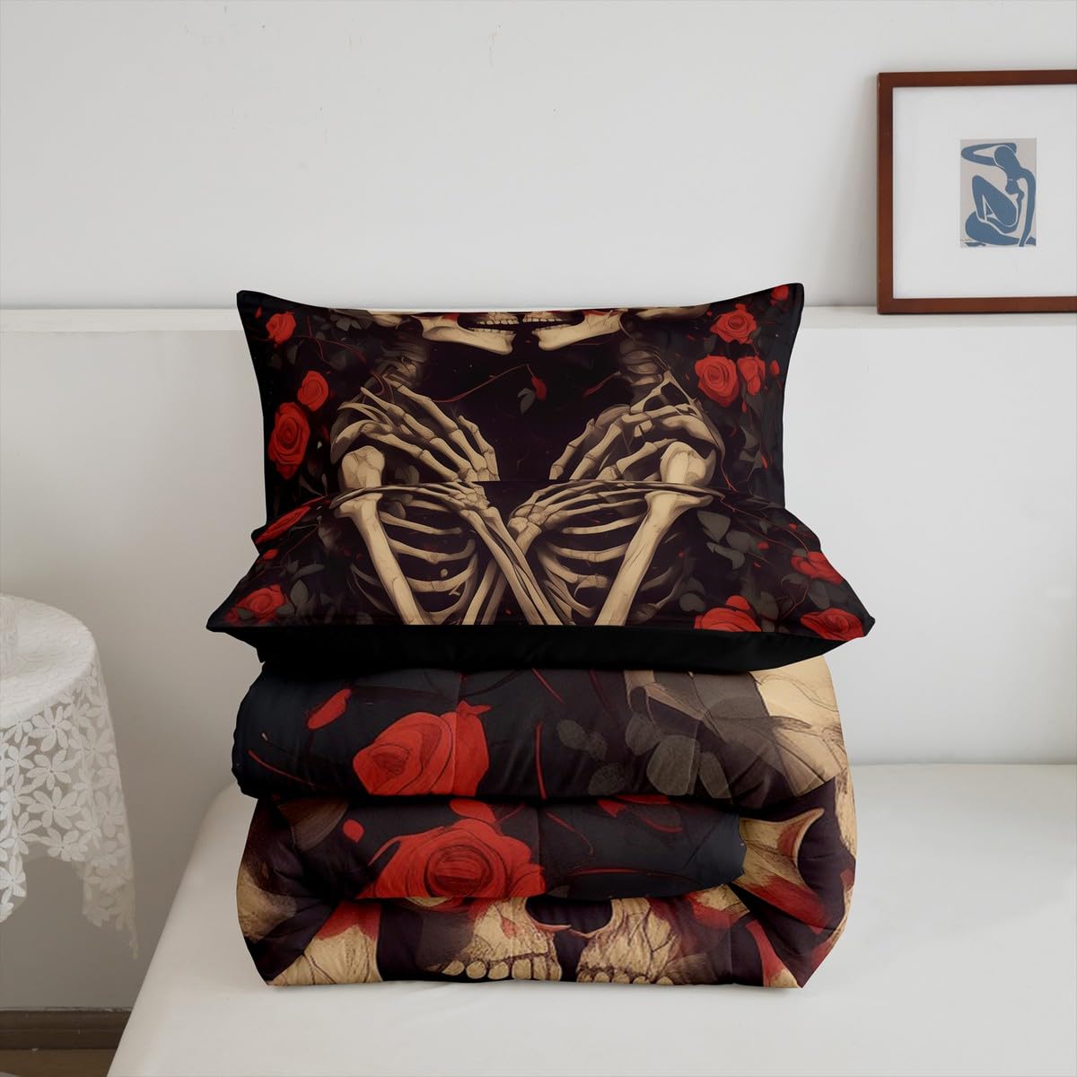 Erosebridal Sugar Skull Down Comforter Queen Size, Gothic Skeleton Bones Comforter Set, Halloween Horror Bedding Set, Rose Flower Quilt for Teens Youth Adult Women Men Room