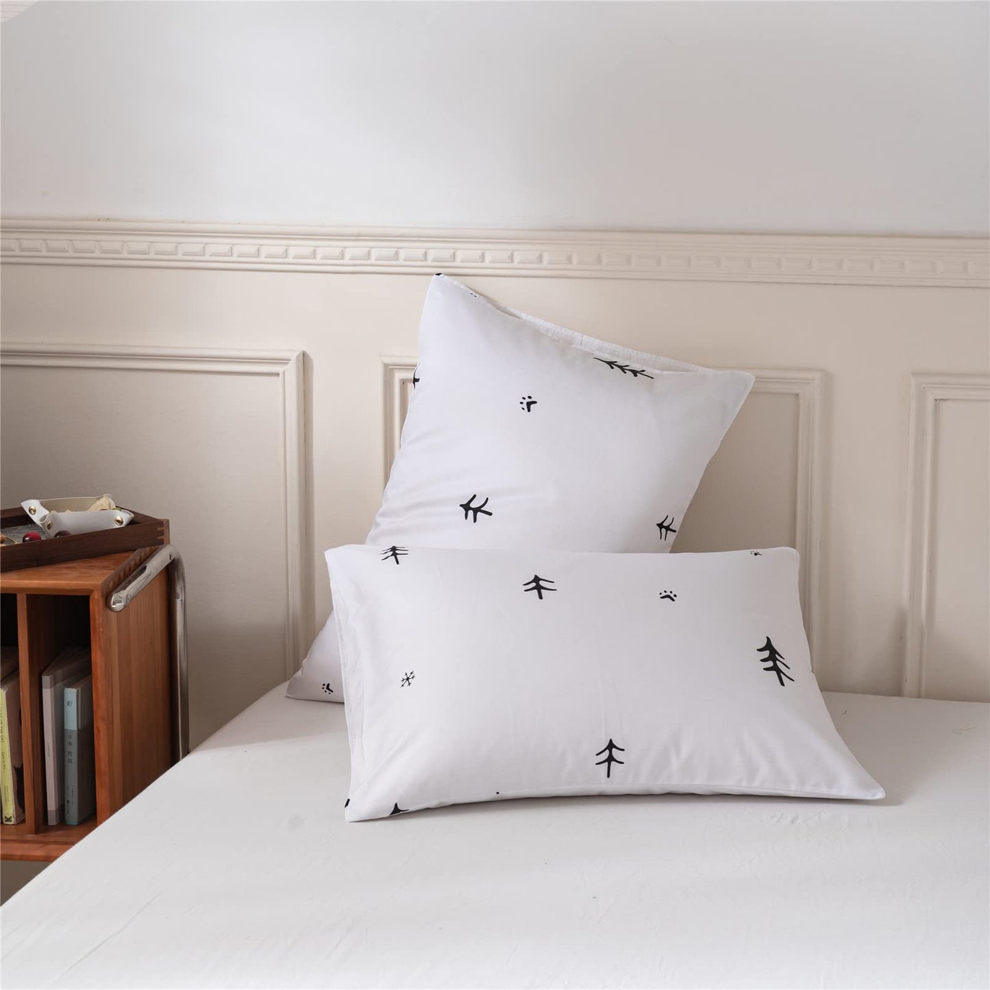 BuLuTu Kids Duvet Cover Full Cotton White/Grey,Premium Boys Girls Bedding Sets Queen,Double Bed Comforter Cover Zipper Closure,Forest Tree Print Pattern,Super Soft,Breathable,No Comforter