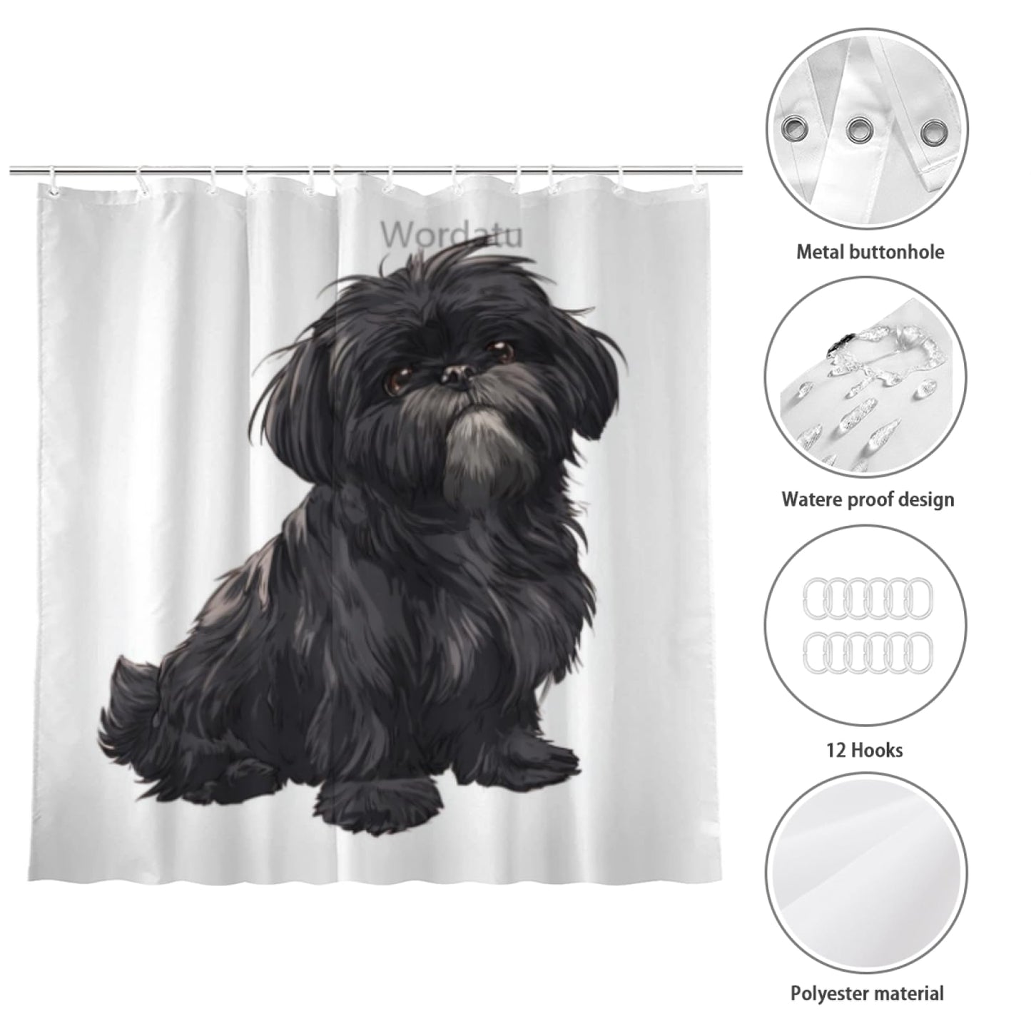 Wordatu Funny Black Shih Tzu Shower Curtain Decor Fabric Bathroom Curtains, Kids Children Rustic 72x72 inch with 12 Hooks
