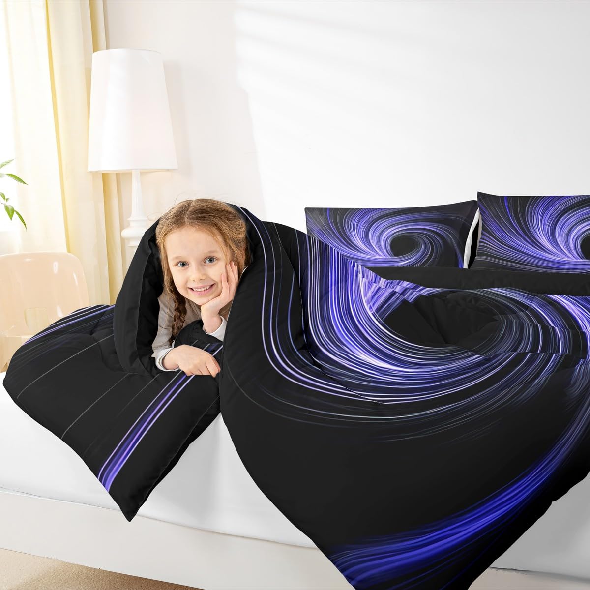 Erosebridal Blue Black Comforter Set King Modern Striped Circle Swirl Bedding Set Black Hole Abstract Geometric Comforter for Kids Boys Girls,Geometric Stripes Line Artwork Quilt Duvet