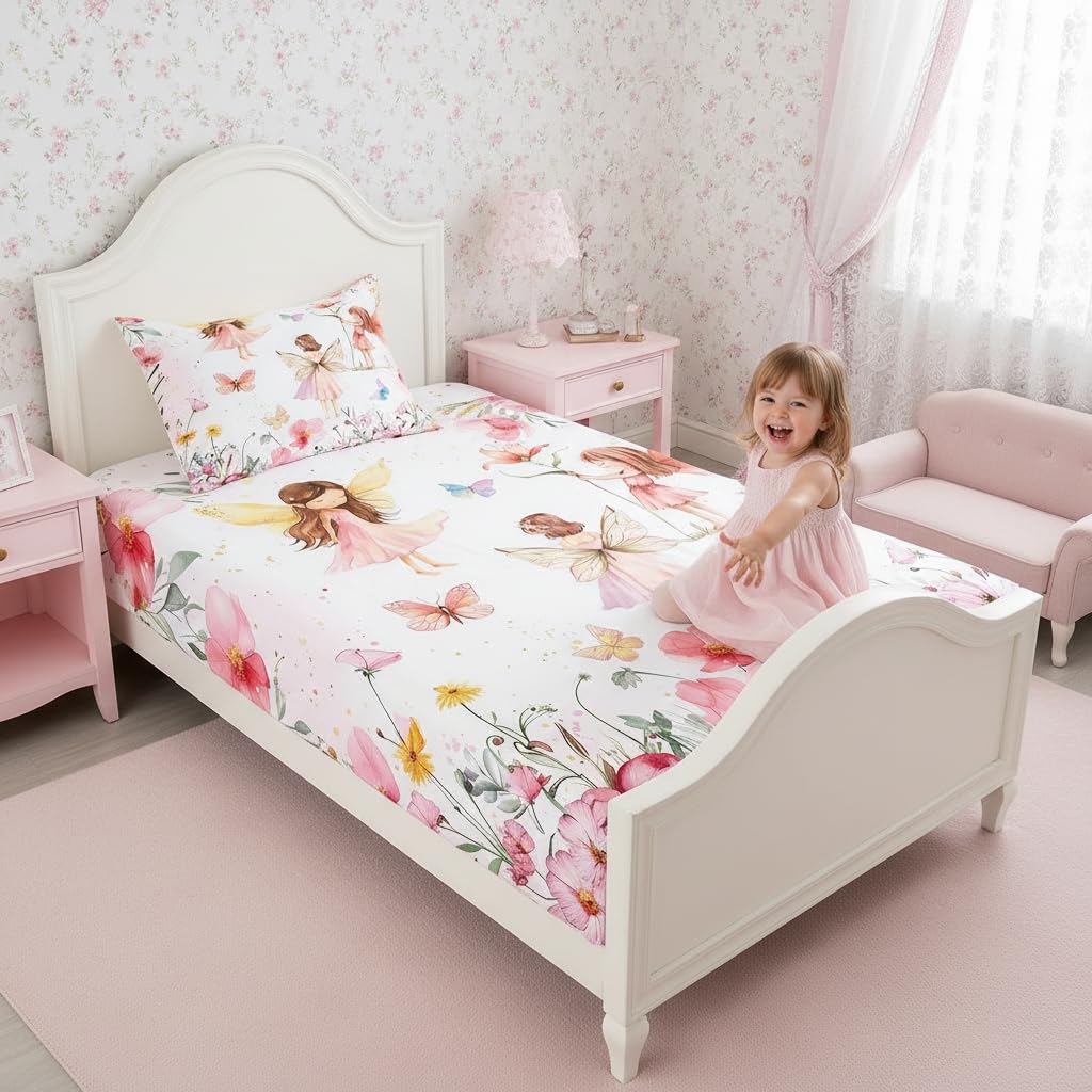 Erosebridal Dreamy Fairy Twin Fitted Sheet,Pink Fairy Garden Bedding Set for Girls Kids,Cute Floral Butterfly Bed Set,Princess Girly Coquette Bed Sheets 2Pcs Bedroom Decor (No Flat Sheet)