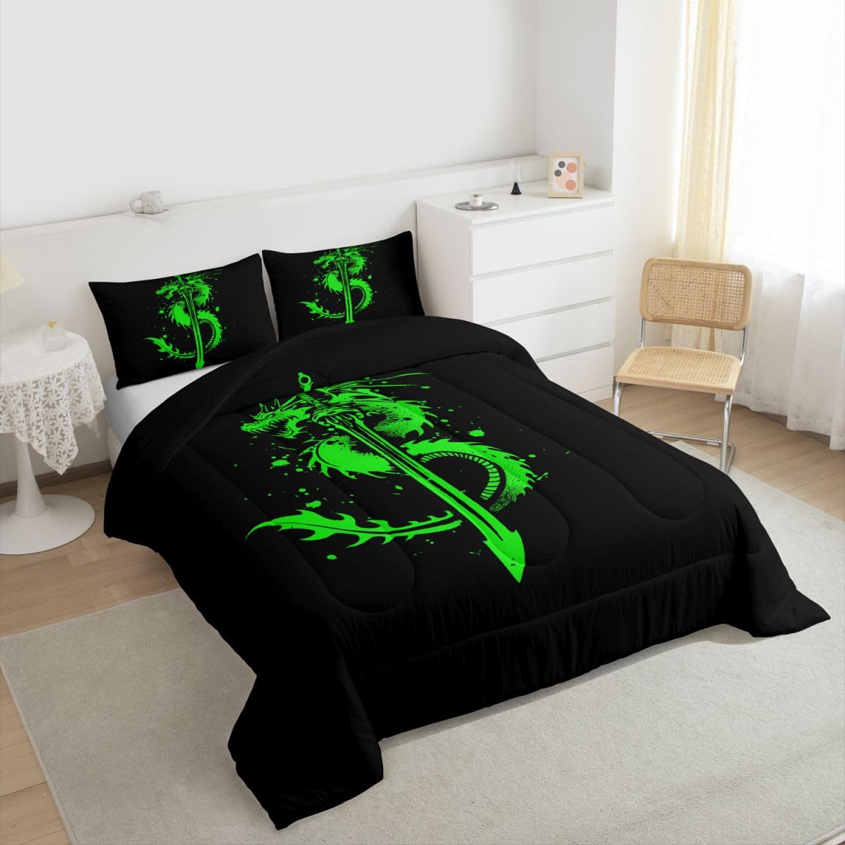 jejeloiu Fairy Dragon Kids Comforter Set Toddler Size Mysterious Western Wlidlife Bedding Set Sword Green Duvet Quilt for Kids Boys Girls Bedroom Decor Microfiber Ultra Soft Breathable