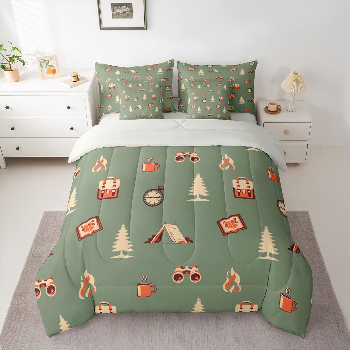 Camper Adventure Theme 7 Pieces Bedding Set Twin Size,Happy Camping Bed in a Bag,Cartoon Tent Travel Bag Bed Set Includes Comforter,Sheet Set,Pillowcases & Pillow Covers,Camping Lover Bedroom Decor