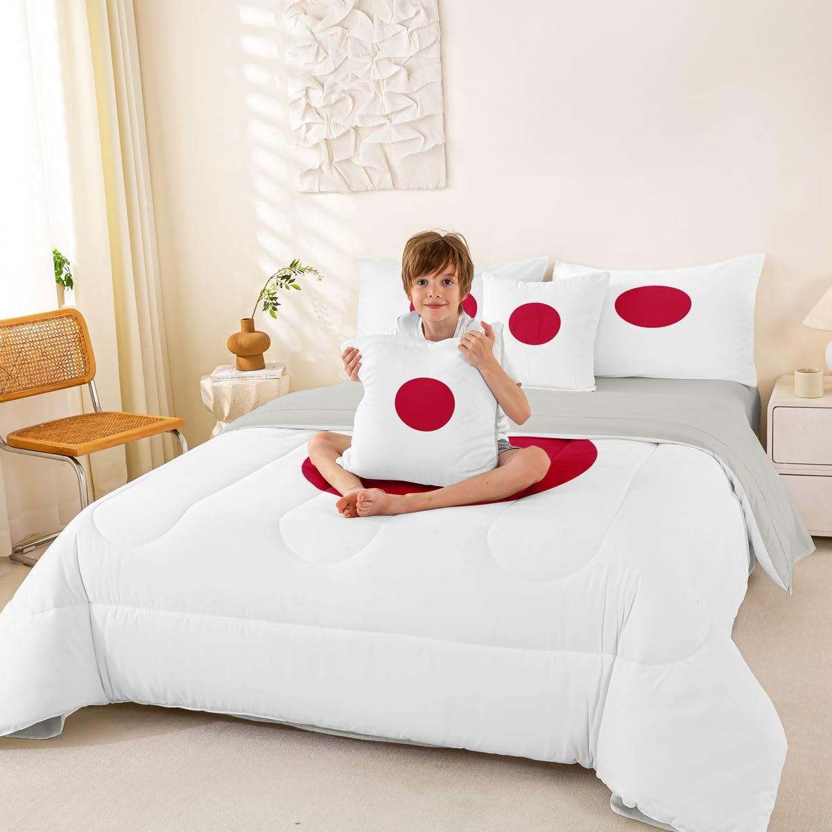 Feelyou Japanese Flag Comforter Set with Sheets 7 Piece King Size Japan Bed in a Bag Kids Boys Girls World Countries Bedding Set Bedroom Decor Breathable Soft Lightweight Microfiber