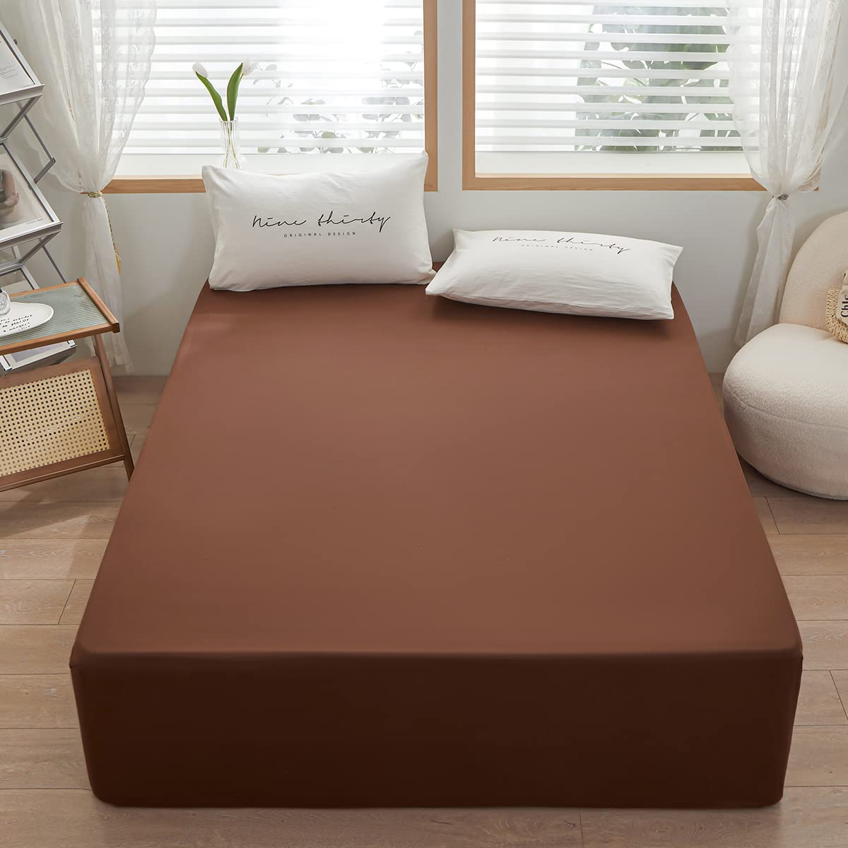 Rushrushlulu Bedding Queen Size Fitted Sheet Only- Bottom Mattress Fitted Sheet-Fits 15inches Deep Mattress Pocket -Soft and Microfibe-Shrinkage and Fade Resistantr-Easy Care-Brown