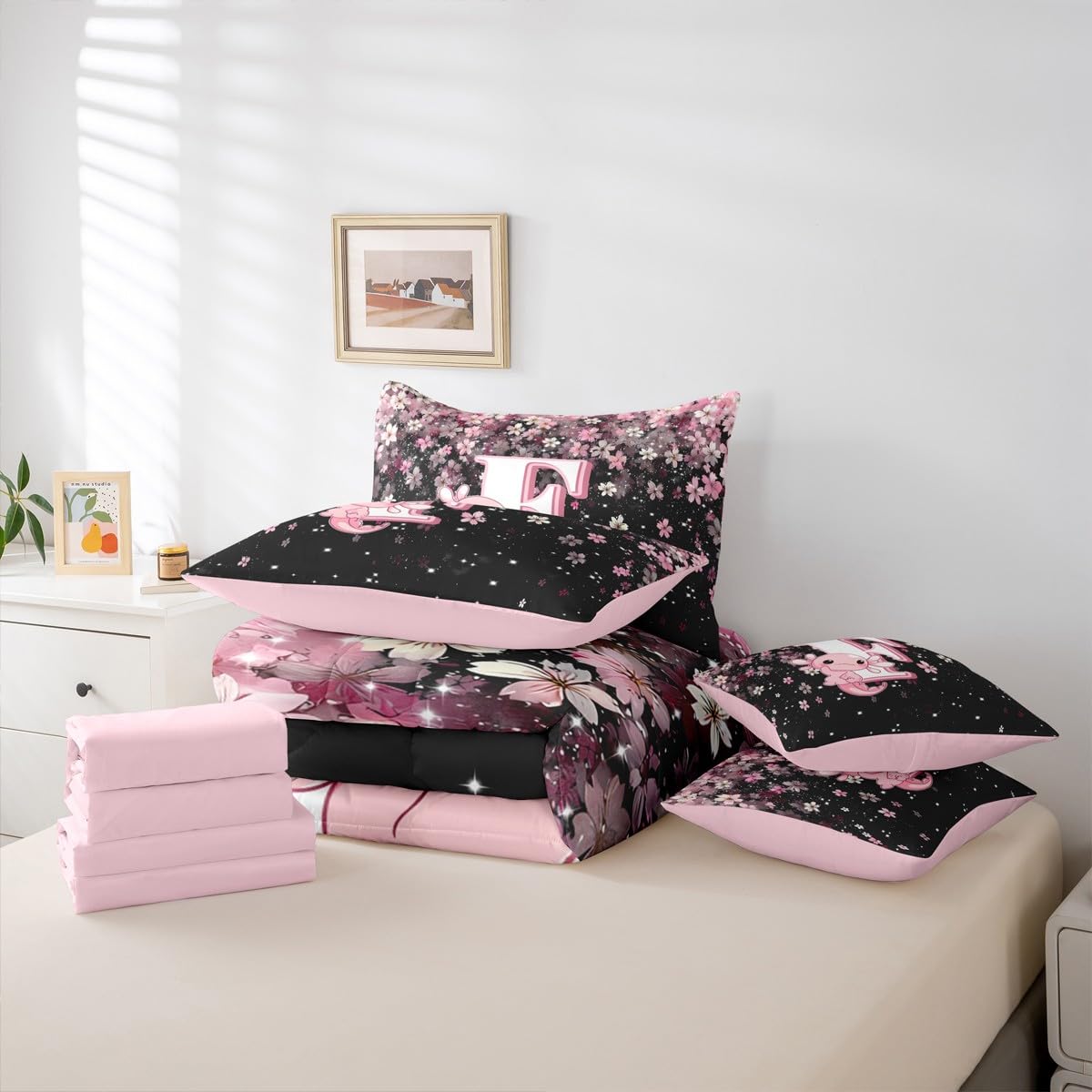 Erosebridal Pink Axolotl Bedding Set for Teen Girl (Pink Black,7Pcs,Twin Size) - Cute Initial Letter F Bed in A Bag Cherry Blossom Comforter Set Girly Preppy Cute Axolotl Quilt with Initial Design