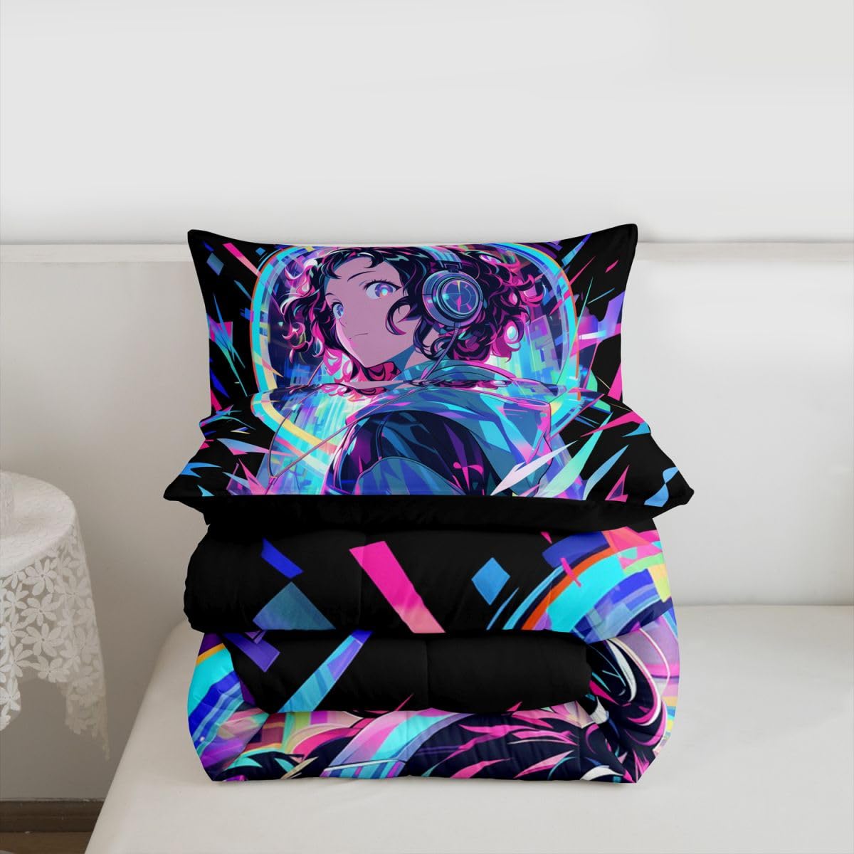 Erosebridal 3D Anime Girl Bedding Comforter Sets American Street Culture Comforter Set Full for Teens Youth Girls Watercolor Graffiti Style Bedding Galaxy Stars Print Duvet Set with 2 Pillow Cases