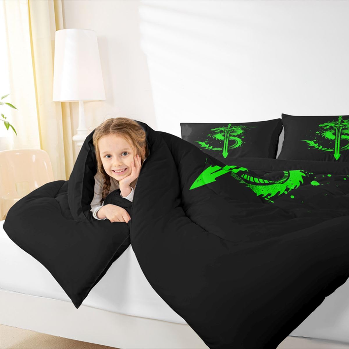 jejeloiu Fairy Dragon Kids Comforter Set Toddler Size Mysterious Western Wlidlife Bedding Set Sword Green Duvet Quilt for Kids Boys Girls Bedroom Decor Microfiber Ultra Soft Breathable