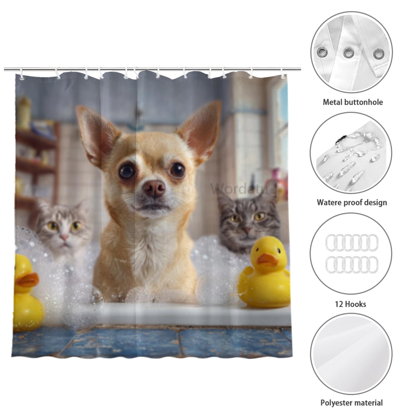 Wordatu Chihuahua Shower Curtain Bathroom Set 72X72 Inches Funny Cat Lovely Animals in Bathtub for Boys Bath Farmhouse Art Home Decor Fabric 12 Hooks