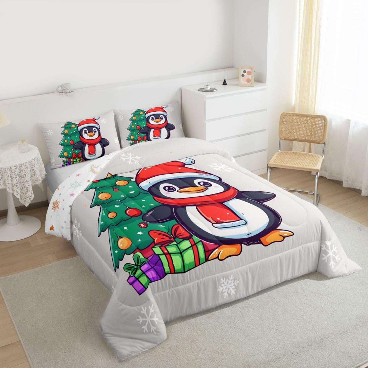 Erosebridal Xmas Penguin Bedding Set Queen Antarctic Animal Print Comforter Set for Kids Boys Girls Santa Hat Penguin Down Comforter,Christmas Tree Snowflake Gifts Quilt Duvet