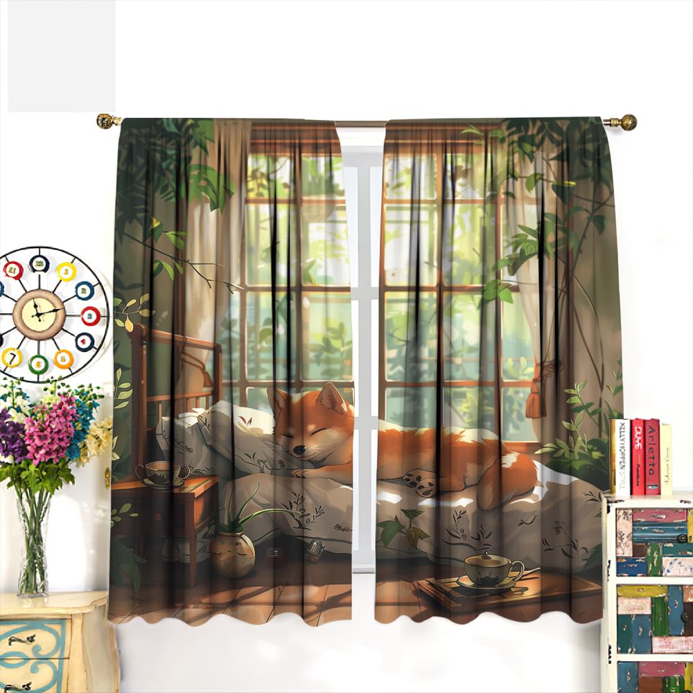 SOPIYRIO Cartoon Cute Dog Blackout Window Curtains Farmhouse Sleeping Animal Leaf Rod Pocket Curtains for Bedroom Thermal Insulating Drapes for Living Room 2 Panels 21 W x 45 L inch