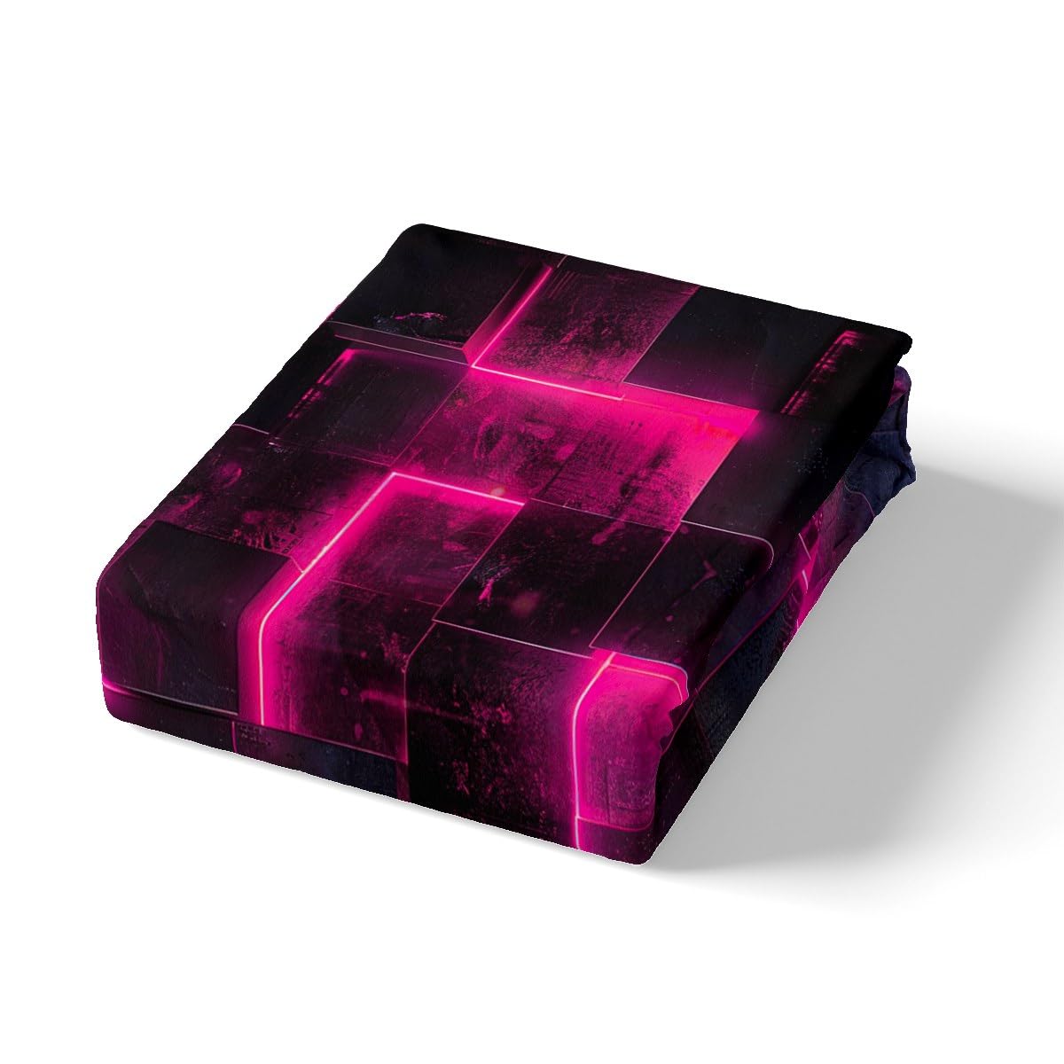 Hot Pink Black Bed Set 3D Glowing Buffalo Duvet Cover Queen Size Modern Abstract Art Queen Bedding Sets Geometric Plaid Comforter Cover, Gradient Futuristic Cubes Bed Cover (Black Reversible)