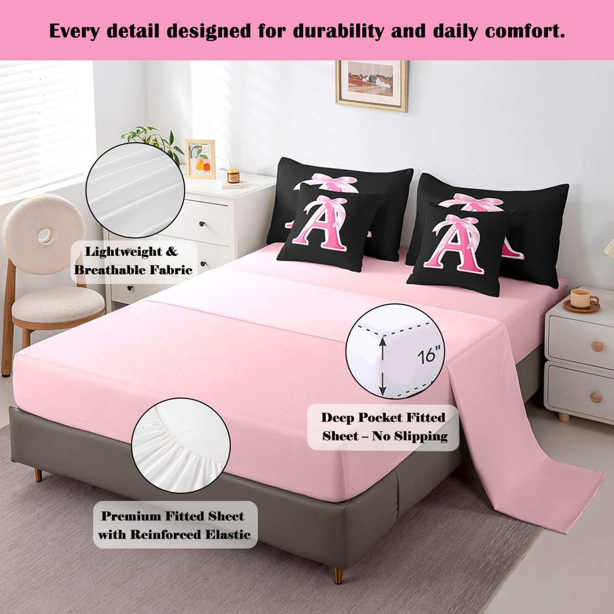 jejeloiu Kids Girls Black Pink Bow Comforter Set with Sheets Twin Size Monogrammed 7 Piece Bedding Set Personalized Initial A Bed in a Bag with Comforter,Sheets,Pillowcases Modern Fashion Bed Set