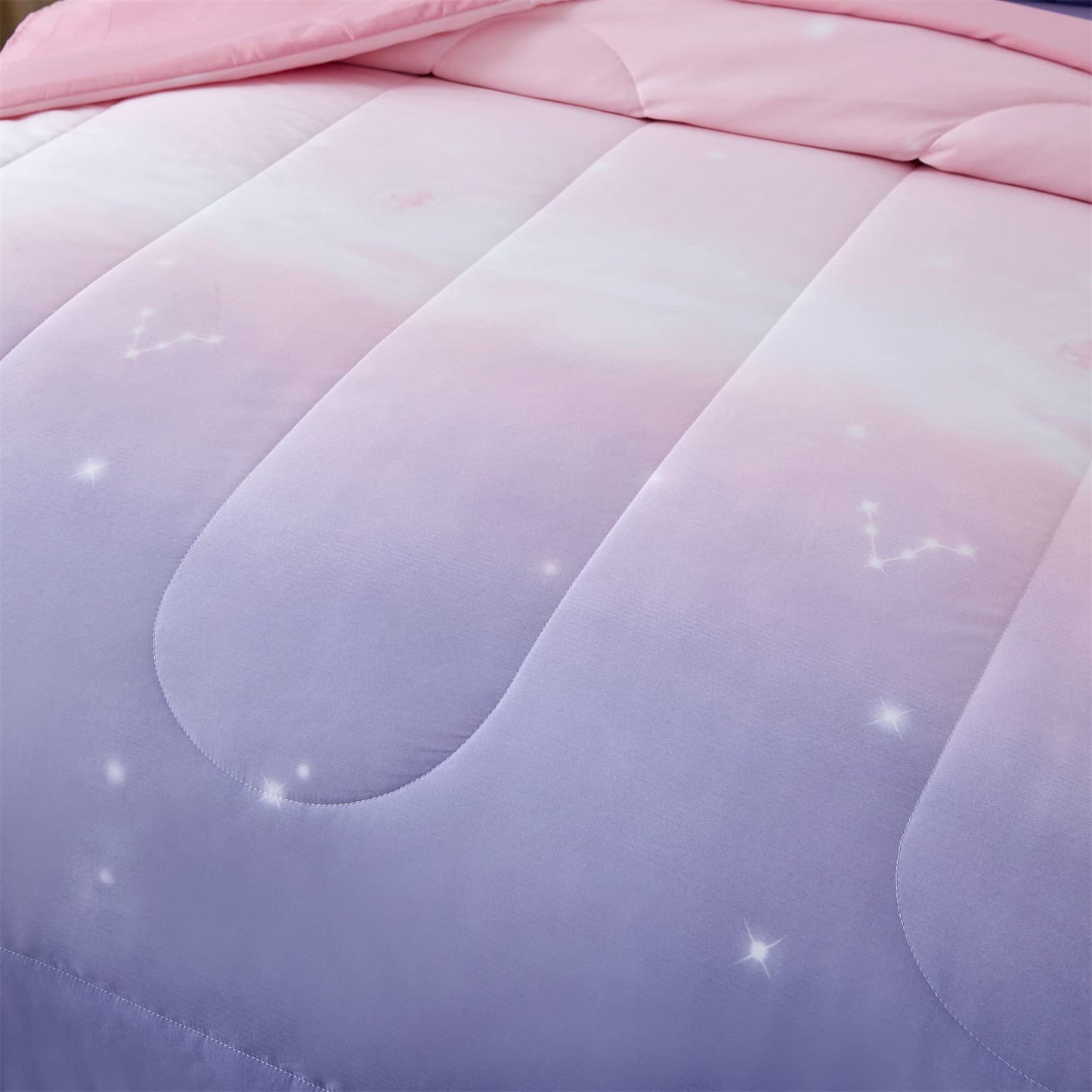 Dinjoy Girls Women Comforter Set King Size Ombre Pink Purple Rainbow Bedding Set 7 Pieces Bed in A Bag for Teen Adult (1 Comforter, 1 Flat Sheet, 1 Fitted Sheet, Pillow Shams & Pillowcases)