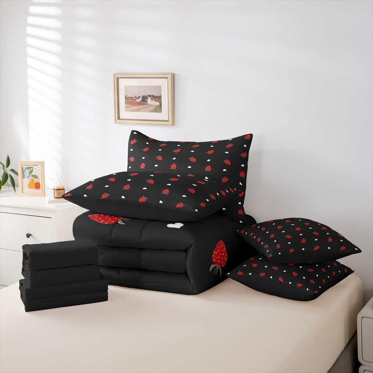 Erosebridal Kawaii Strawberry Full Size Comforter Set, Cute Fruits Theme Sweet 7-Piece Bed in A Bag, Red Black Sheets and Pillowcases, Heart Pattern Bedding Set Room Decor