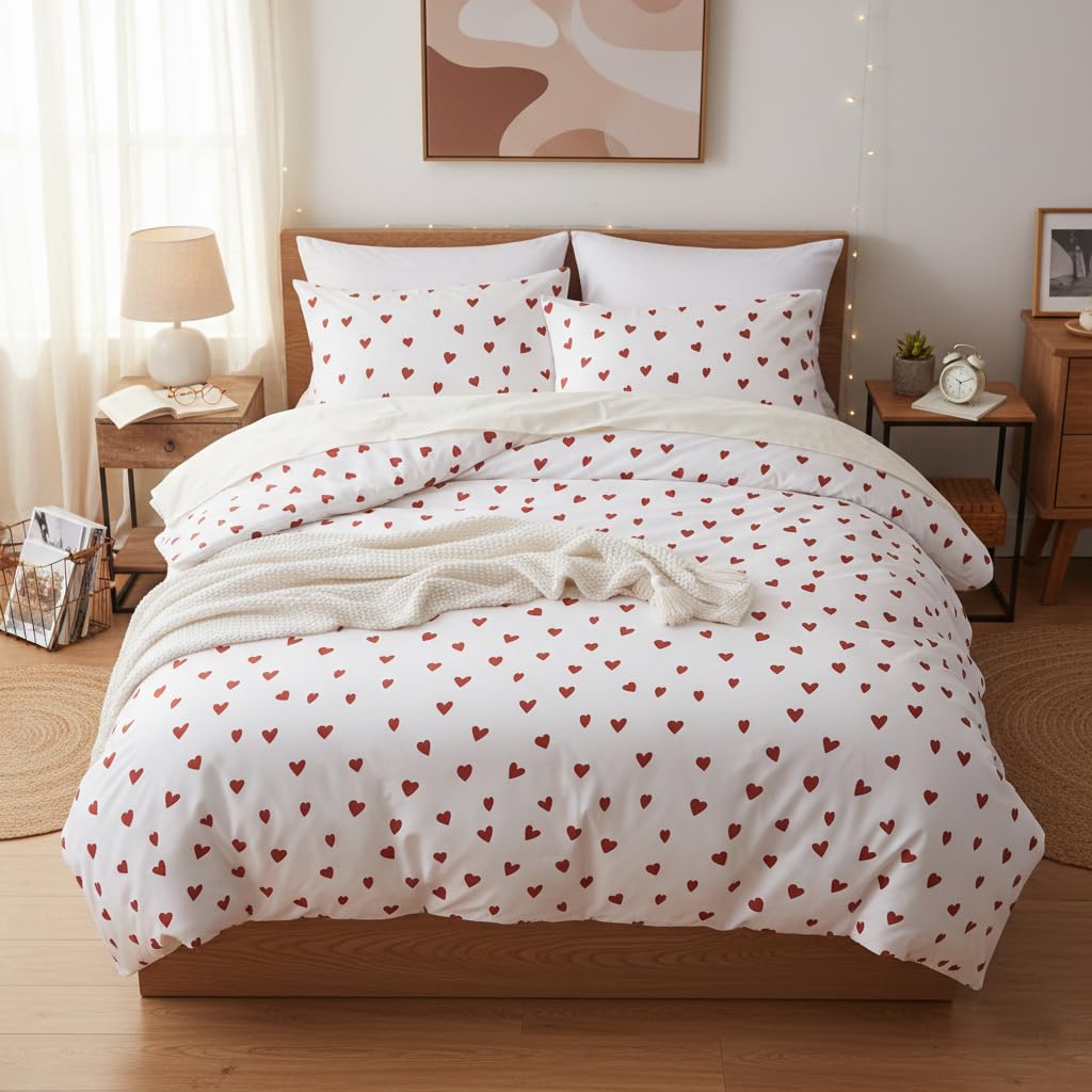 Nayoroom Heart Comforter Set Queen Size Kawaii Red Heart Pattern Comforter Kids Girls Cute Heart-Shaped 3Pcs Soft Lightweight Bedding Set for All Seasons (1 Comforter, 2 Pillowcases)