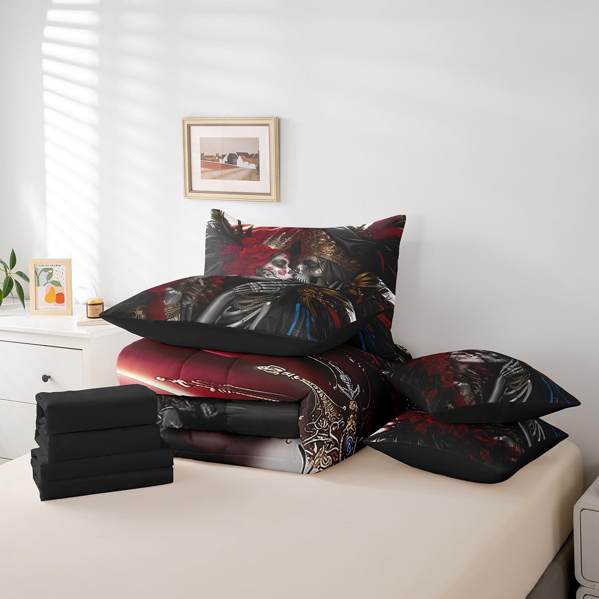 Erosebridal Gothic Skull Bedding Set King Size,Ethnic Tribes Love Comforter Set,Valentine's Day (Comforter+Fitted+Flat Sheet+2 Pillowcases+2 Throw Pillow Covers) 7 Pieces Rose Crown Couple Bed Set