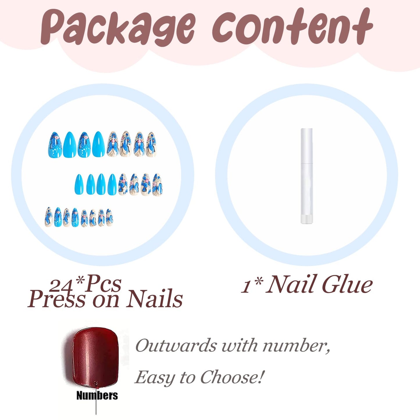 BABALAL Press on False Nails Medium Almond Fake Nails Blue Glue on Acrylic Nails Butterfly Summer 24Pcs Stiletto Full Cover Artificial for Women Girls