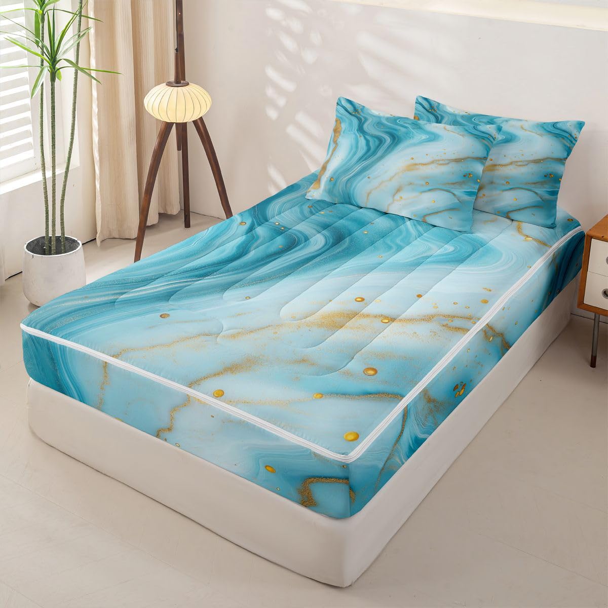 jejeloiu Marble Print Zipper Bedding Twin Abstract Zipper Bedding Sets for Kids Boys Girls Aqua Blue Comforter Set with Fitted Sheet and 2 Pillowcases Marble Swirl Pattern Bedroom Decor