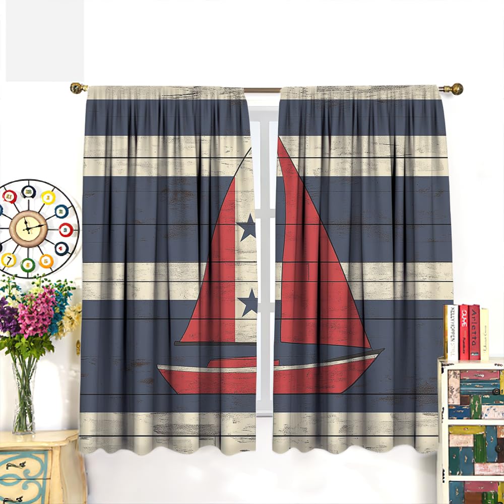 YFBBINS Abstract Sailboat Pattern Blackout Curtains Thermal Insulated for Bedroom Living Room, Stripe Sailing Ship Vintage Rod Pocket Curtain Light Blocking Drapes, 2 Panels, Each 21 W x 45 L inch