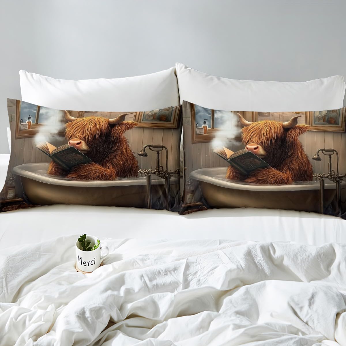 Highland Cow Bedding Sets Full Size,Western Animal Bed Sheets 4Pcs for Kids Girls Boys Adult Bedroom Decor,Funny Bath Theme Fitted Sheet Brown Rustic Cow Pattern Top Flat Sheet,2 Pillowcases