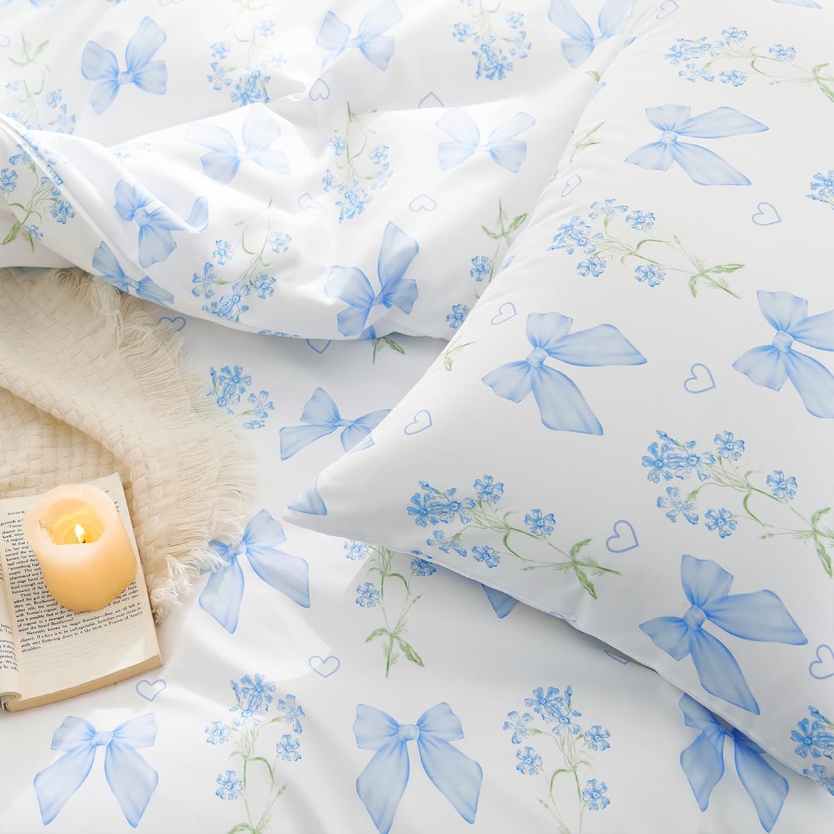 Sedefen Floral Duvet Cover Set Queen Size, 3 Pieces Blue Bow Bedding Set with Cute Heart Pattern, Romantic Spring Botanical Flower Soft Microfiber Duvet Cover for Kids Girls Bedroom & Princess Decor