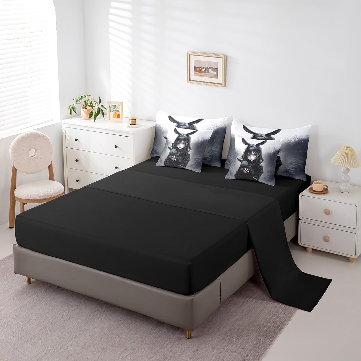 Anime Comforter Set 7 Pieces 3D Japanese Girl Bedding Set Twin,Anime Gifts Sheet Set for Girls,Gothic Cartoon Rabbit Print Sheet Set With Comforter Exotic Style Bed In A Bag for Room Decor,Black