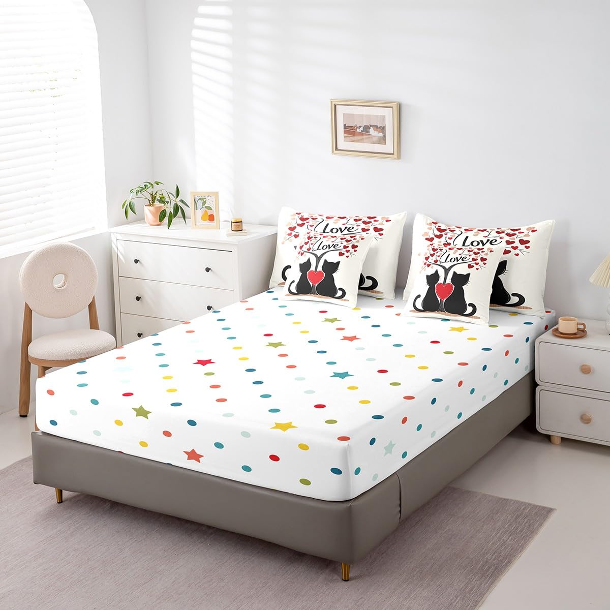 Erosebridal Black Cat Couple Queen Comforter Set with Sheets - Cute Romantic Valentine Day Red Love Bedding Sets 7 Piece Valentines Bed in a Bag Gifts for Kids Girls Boys Women Couples Room Decor