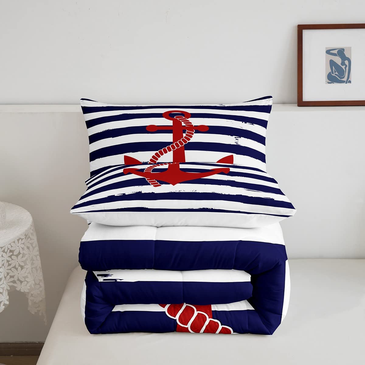 Geometric Stripes Comforter Set Twin Size,Nautical Anchor Bedding Sets 2Pcs Kids Boys Bedroom Decor 1 Pillowcase Ocean Adventure Theme Quilted Duvet Modern Navy Blue Red Bedspread Comforter
