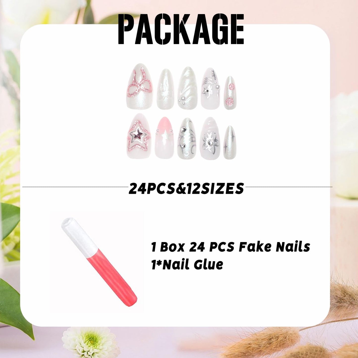 IMSOHOT Chrome Press on Nails Medium Almond Fake Nails with Pink Star Bow Designs Glossy Gel Handmade Acrylic Nail Supplies Full Cover Cute Artificial Glitter Stick on Nails