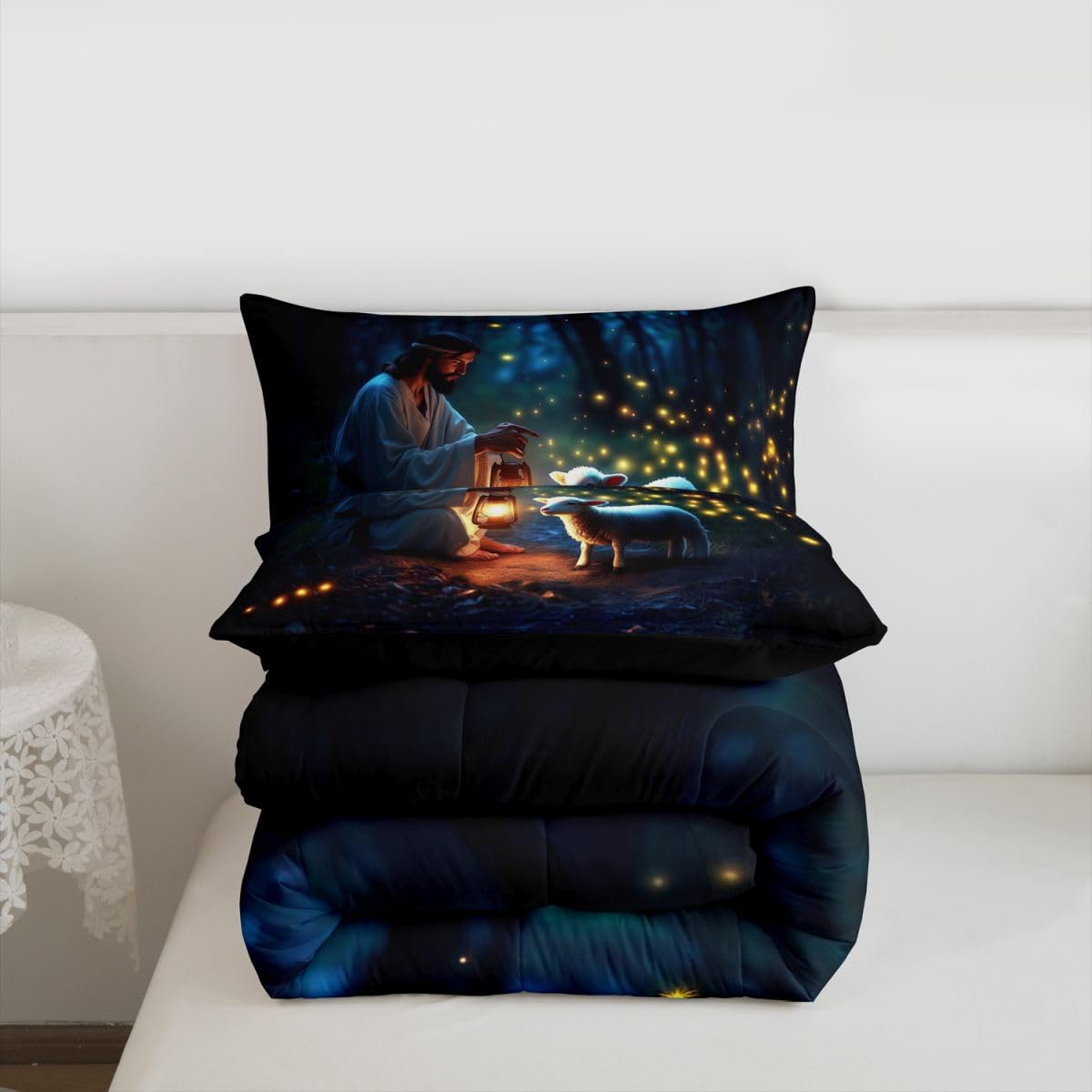 Manfei Western Girls Bedding Set Twin Size,Serenity Prayer Lost Lamb Comforter Set,Inspirational Bible Verse Quilt Comforter Girls Boys Teens,Dark Blue Room Decor All Season,1 Pillowcase