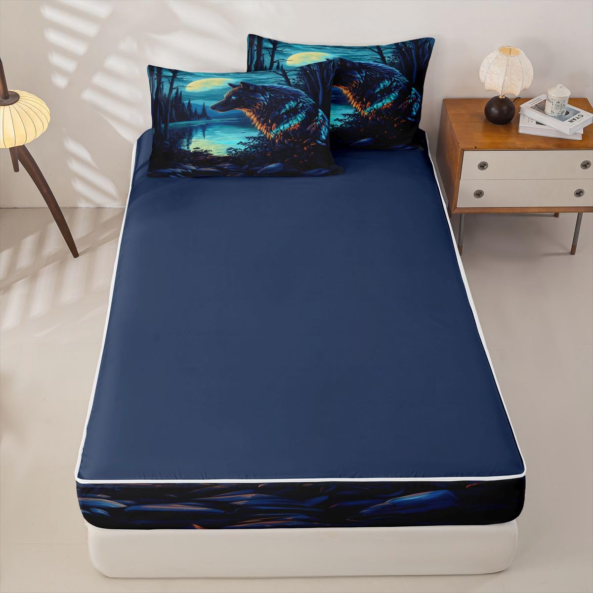 jejeloiu Wolf Moon Zipper Bedding for Kids Wolf Night Moon Twin Comforter Set with Fitted Sheet 2 Pillowcases Wildlife Bed in a Bag Soft Lightweight Microfiber