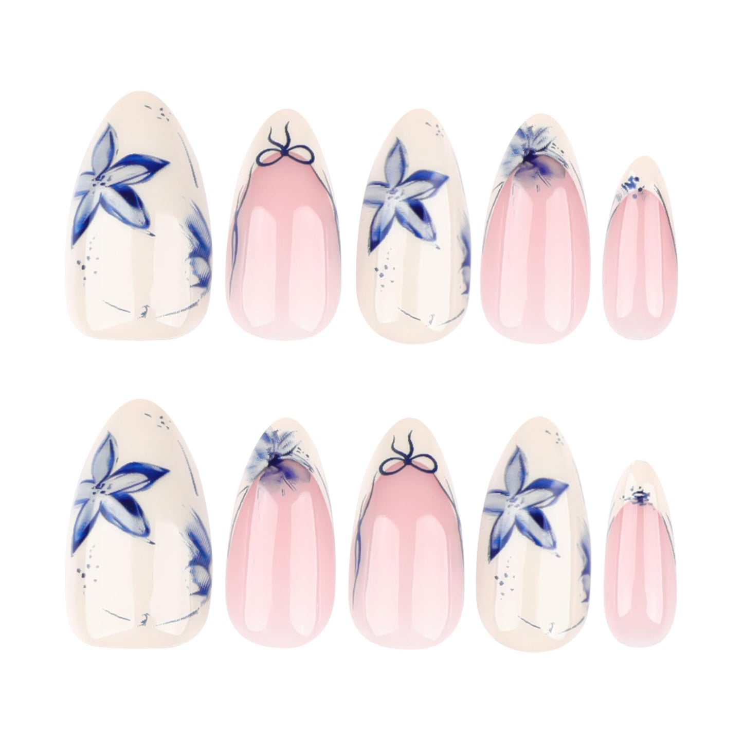 Stbisen Summer French Short Press On Nails Almond, Nude Fake Nails with Warm Ivory French Tip and Graceful Blue Floral Petal Design, Glossy Acrylic Nails, Natural Reusable Glue On Nails for Women