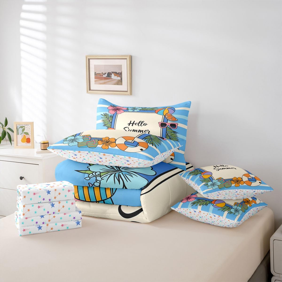 Erosebridal Summer Coastal Beach Queen Bedding Set Hibiscus Flower Palm Comforter Set with Flat and Fitted Sheet Kids Adults Blue Geometric Stripes 7-Piece Bed in a Bag Pool Hello Summer Quilt Sets