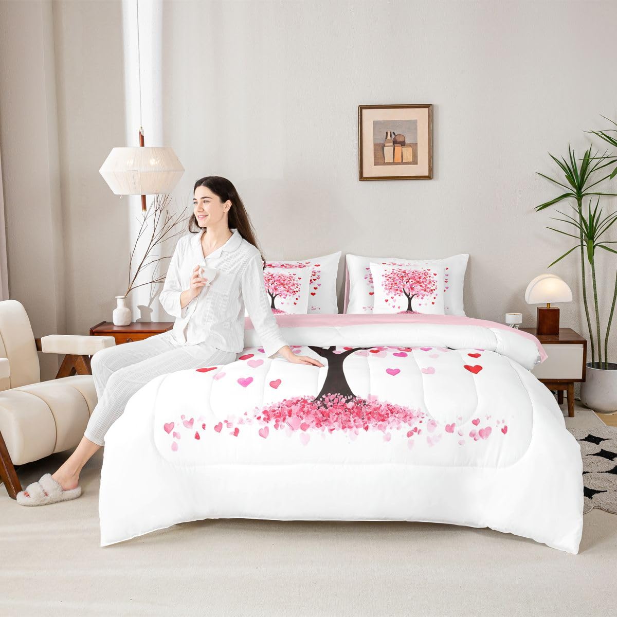 Erosebridal Pink Love Comforter Sets with Sheets - Valentine Tree with Hearts Bedding Set Full for Boys Girls Romantic Couple 7Pcs Bed in A Bag Housewarming Gifts Bed Set