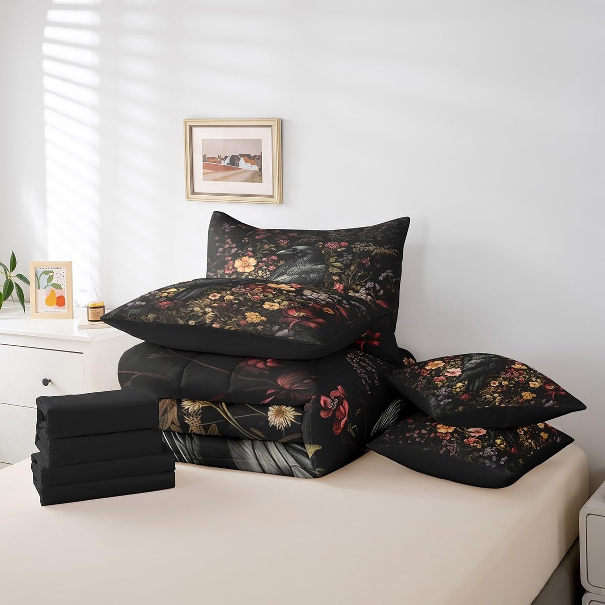 Erosebridal Crow Comforter Set King Size,Gothic Themed Animal Bedding Set for Kids Teens,Groovy Flower (Comforter+Fitted+Flat Sheet+2 Pillowcases+2 Throw Pillow Covers) 7 Pieces Bed Set