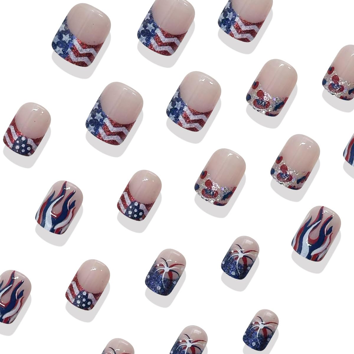24Pcs 4th of July Press on Nails Short Square French Tip Fake Nails with Designs Glitter Heart Flame Firework Nails Tip False Nails Artificial Glue on Nails for Women DIY Independence Day Nails