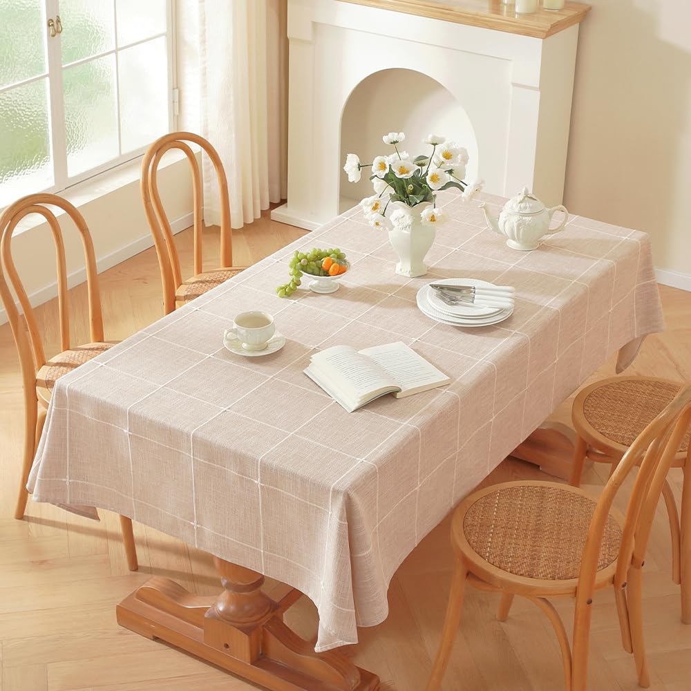 Zobesta Linen Table Cloth Rectangle Tables 60 x 120 Inch, Plaid Browm Linen Tablecloth Rectangle Tables Soft Boho Table Cover for Kitchen, Party, Picnic, Outdoor