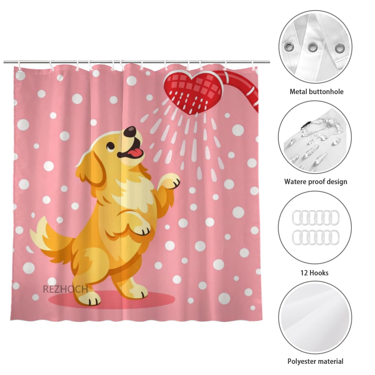 REZHOCH Cute Golden Retriever Shower Curtain 72x72Inch,Fun Animal Pink Home Farm Bathroom Decor,Heart Showerhead Cartoon Dog Waterproof Fabric Kids Girls Farmhouse Bath Set with Hooks
