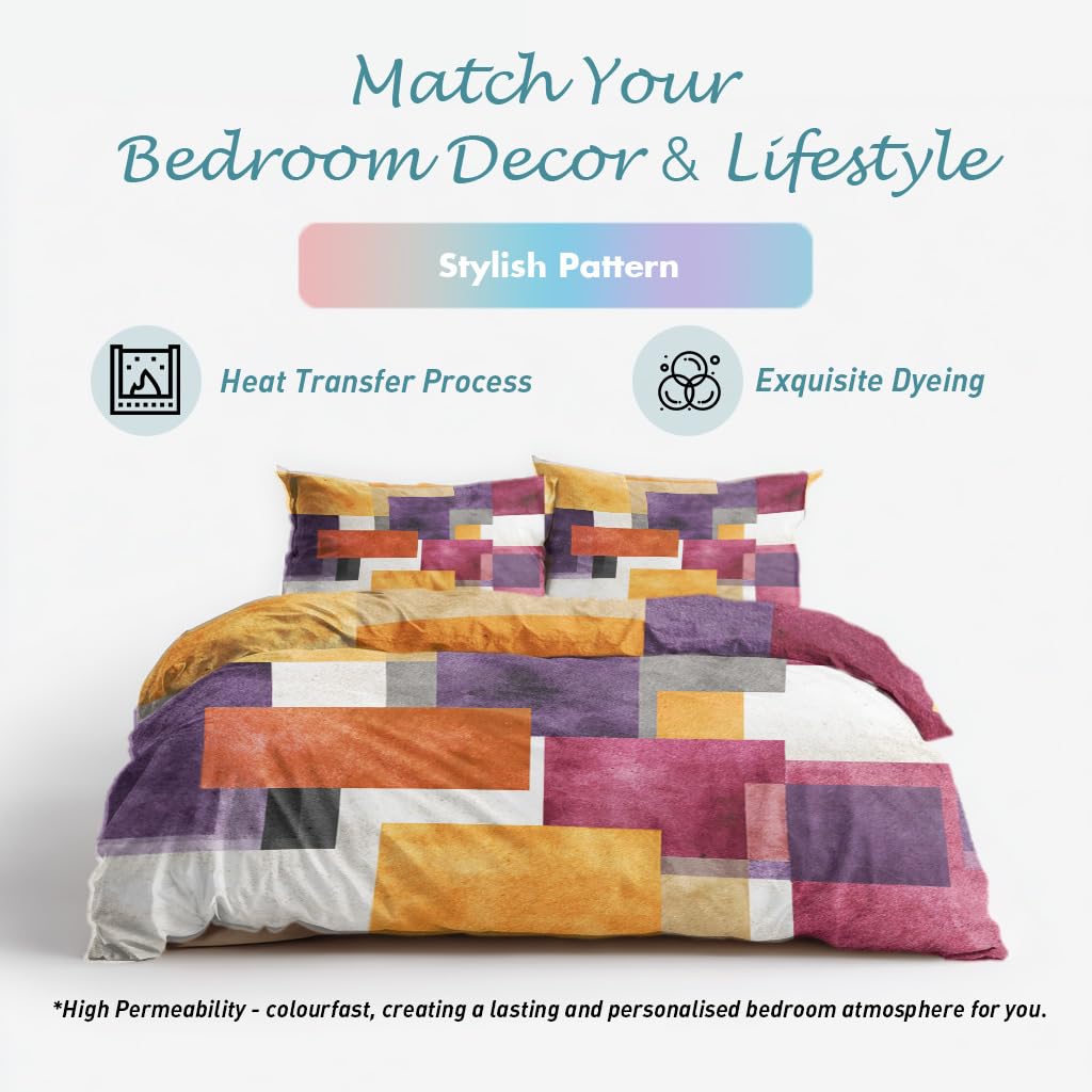 3D Geometric Queen Duvet Cover Set 3 Piece, Watercolor Abstract Art Reversible Bedding with 2 Pillow Shams, Zipper & Ties, Ultra Soft Microfiber, Geometric Bedroom Decorations 40A-T