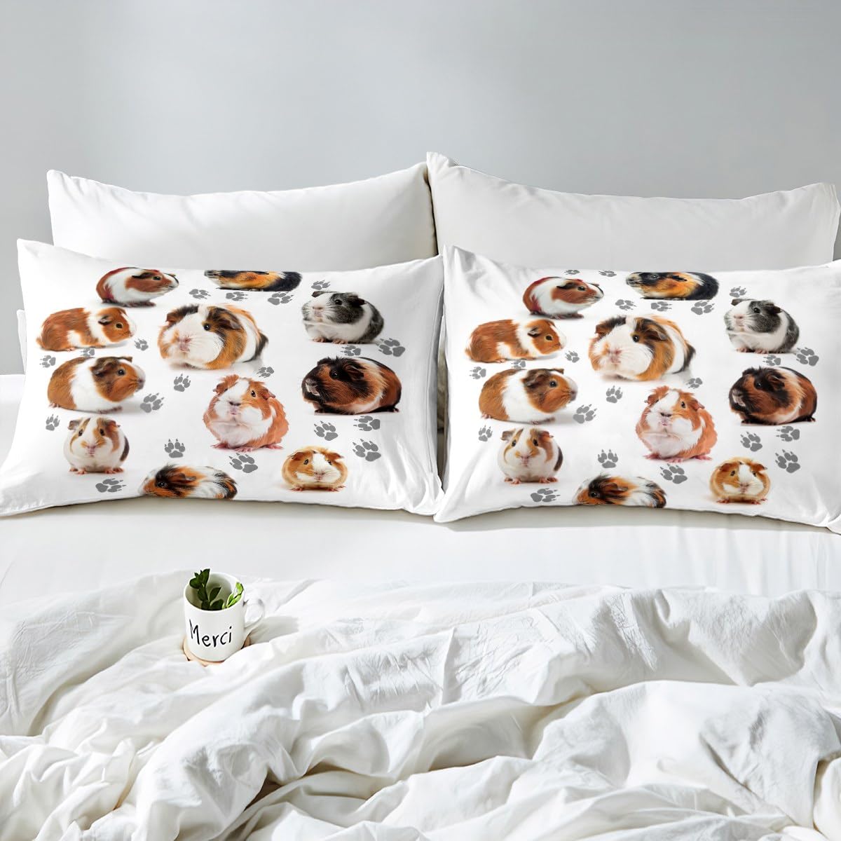 Manfei Guinea Pig Sheet Set Cute Guinea Pig and Footprint Decor Fitted Sheet Cute Animal Bedding Set 2pcs for Kids Soft Polyester Bed Sheets (1 Fitted Sheet + 1 Pillow Case) Twin Size