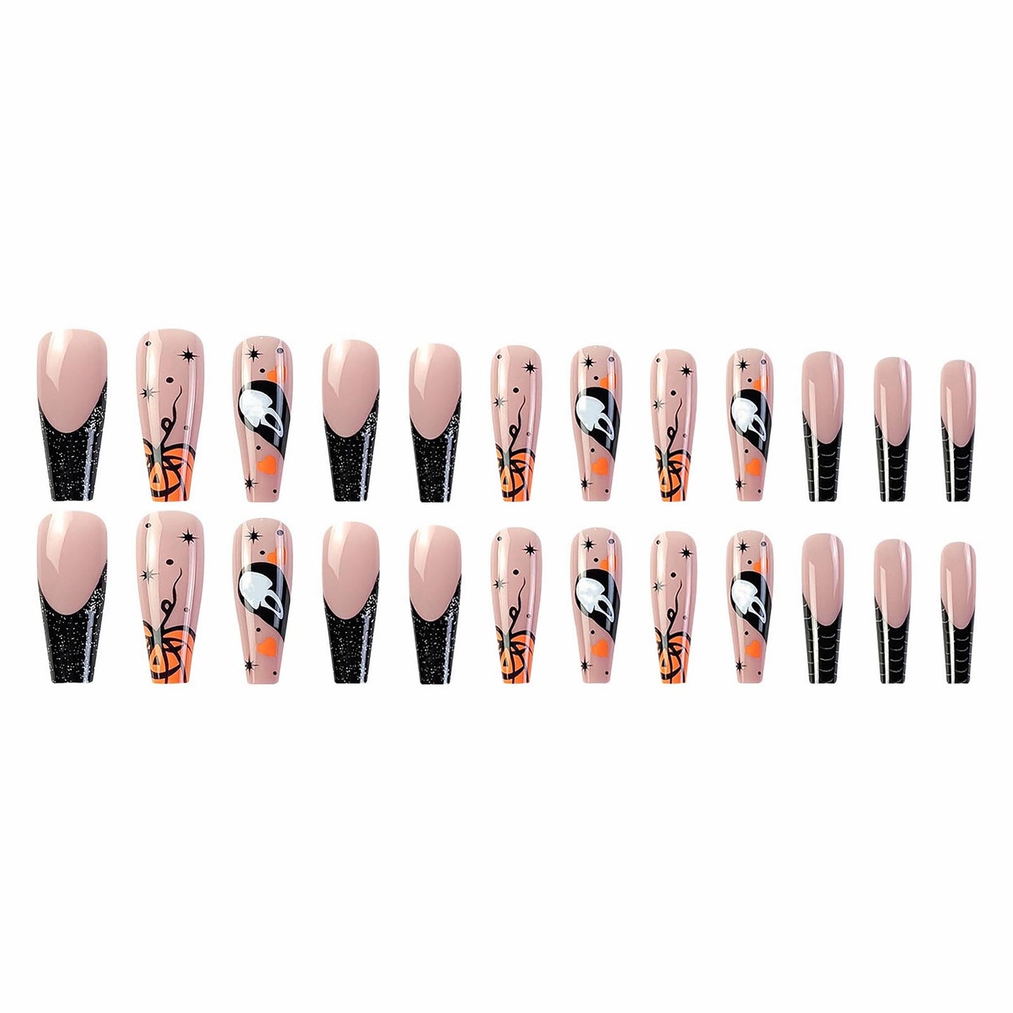MISUD Press on Nails - Long Coffin Fake Nails with Goth Black, Acrylic Gothic Ghost Design 24 pcs