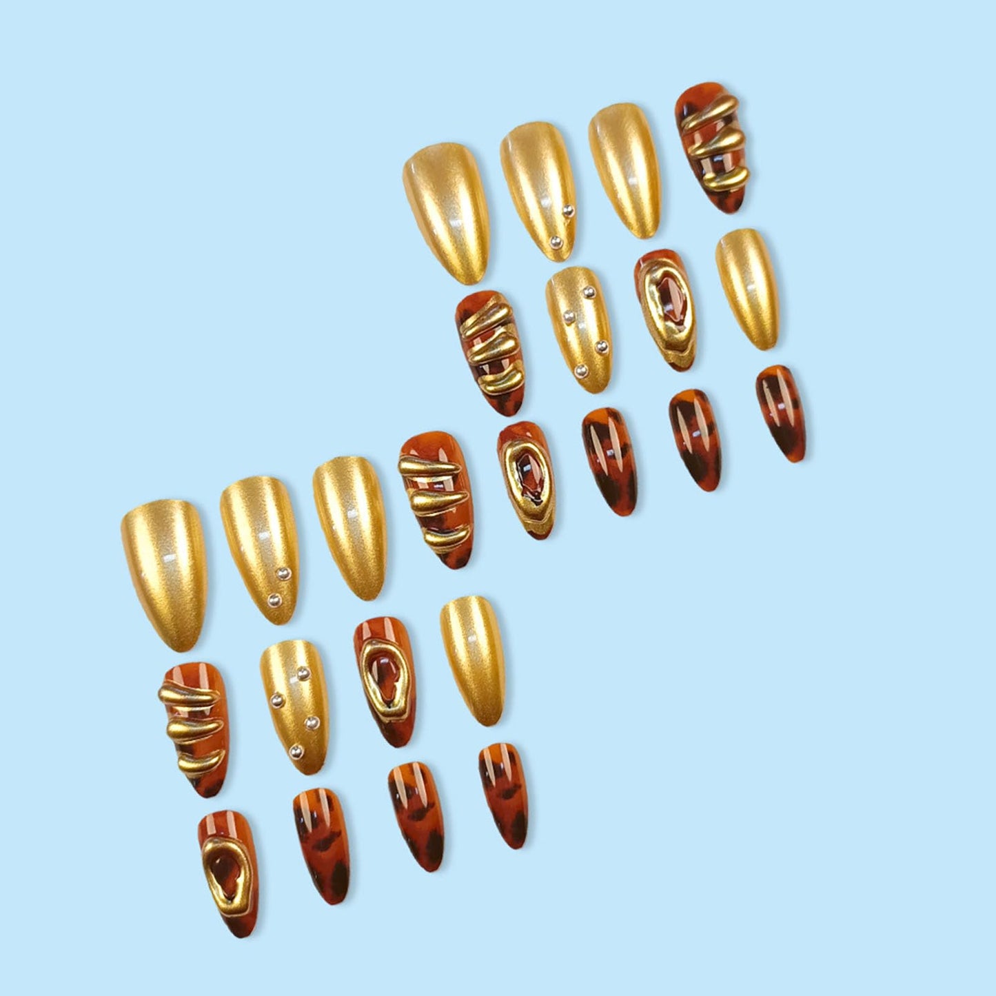 RUOKEXIN Almond Press on Nails Medium Fake Nails Gold False Nails with 3D Designs Spring Summer Nail Press ons Sparkly Artificial Nails for Women 24Pcs