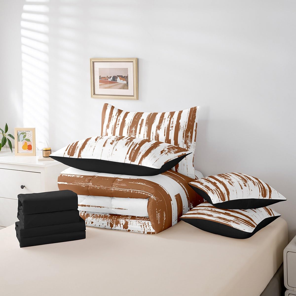 Erosebridal 7Pcs Brown and White Geometric Comforter Set King,Modern Abstract Striped Bedding with Bed Sheets,Boho Graffiti Watercolor Quilt Set for Women Men,Contemporary Aesthetic Art Bed in A Bag