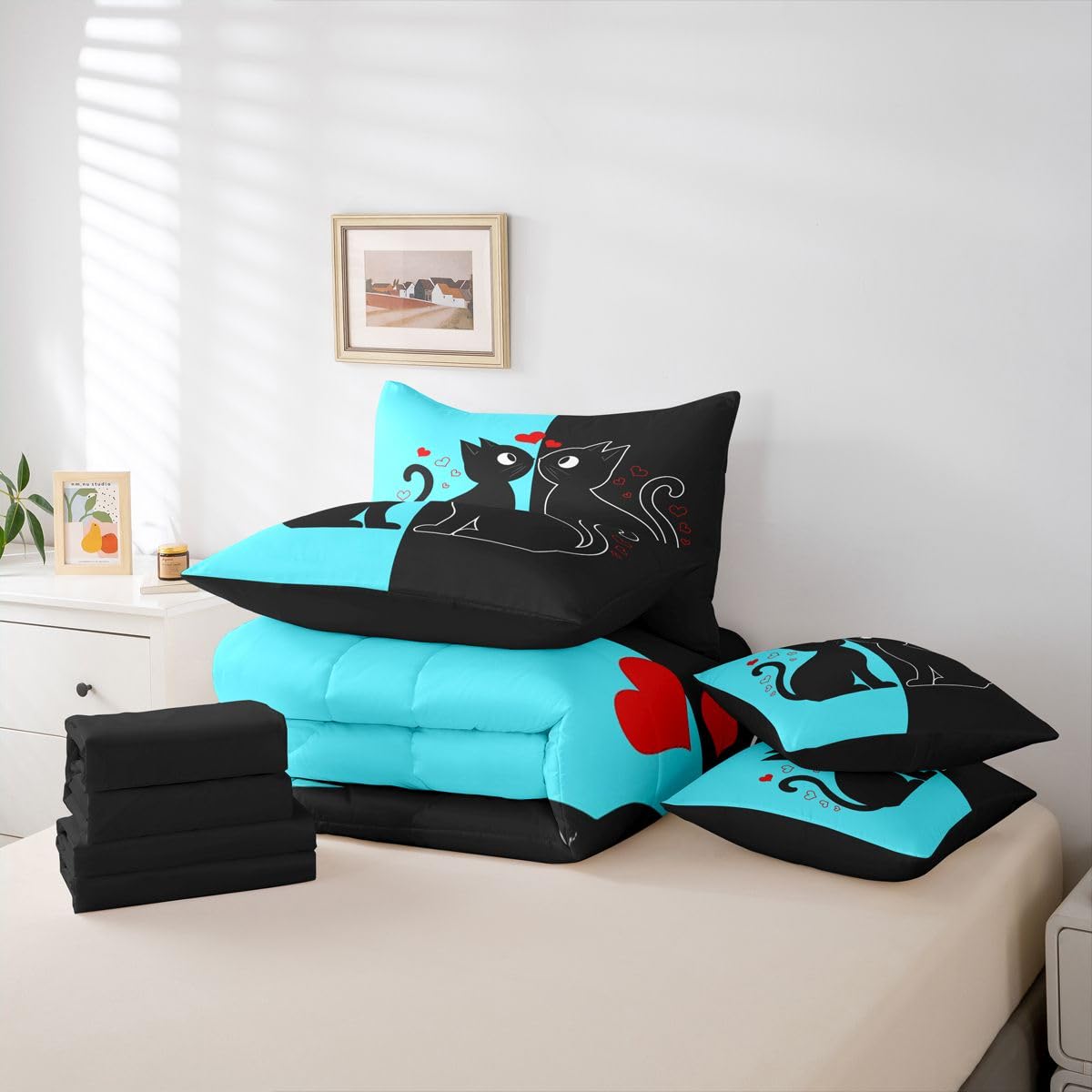 Erosebridal Cute Black Cat 7-Piece Bedding Set Full Size (Blue and Black) | Valentine's Day Cats Bed in a Bag for Couple Lovers Romantic Cats Comforter Set with Sheets Kawaii Pet Animal Duvet Insert