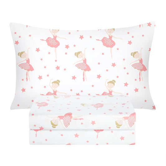 BYSURE Twin Sheets Set Kids(Ballerina, Pink), 3 Pieces Easy Fit Deep Pocket Sheets Set for Girls, Breathable Wrinkle-Free Microfiber Bedding for Children