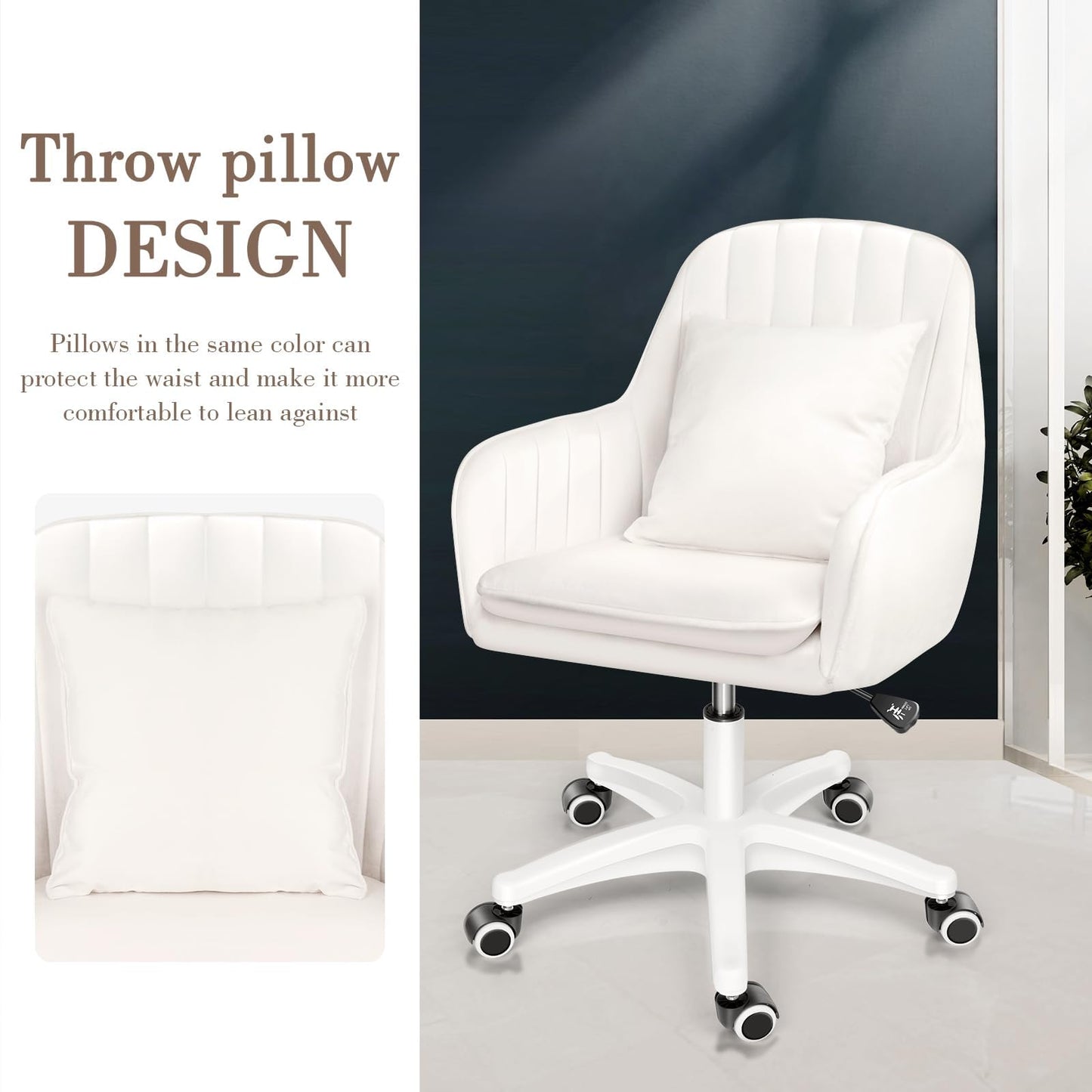 HDHNBA Mid Back Velvet Vanity Chair Swivel Rolling Desk Chair with Wheels, Modern Upholstered Makeup Chair for Women Girls, Computer Task Chair for Bedroom Living Room Office, White